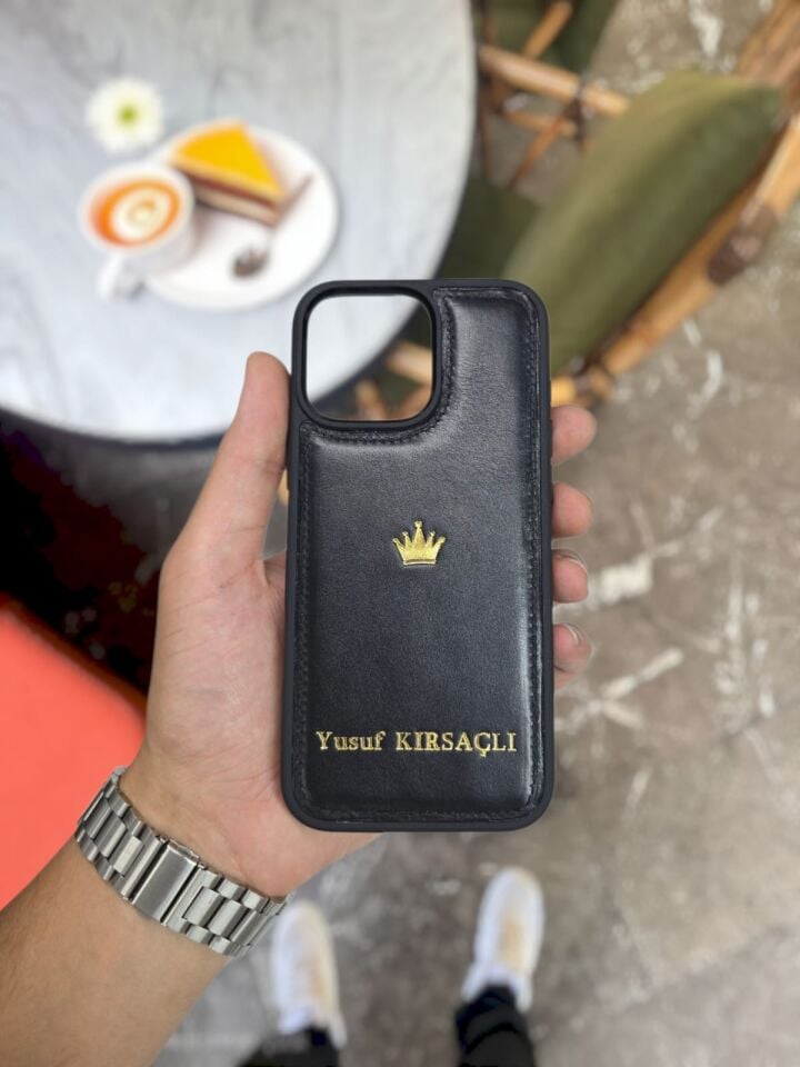 İphone 12 PRO Uyumlu CAPTAİN BLACK TAÇ LOGO Renk Deri Kılıf VİSSO Hakiki Deri İsme Özel Kişiselleştirme Kadın Erkek Kullanım Unisex Telefon Kılıf