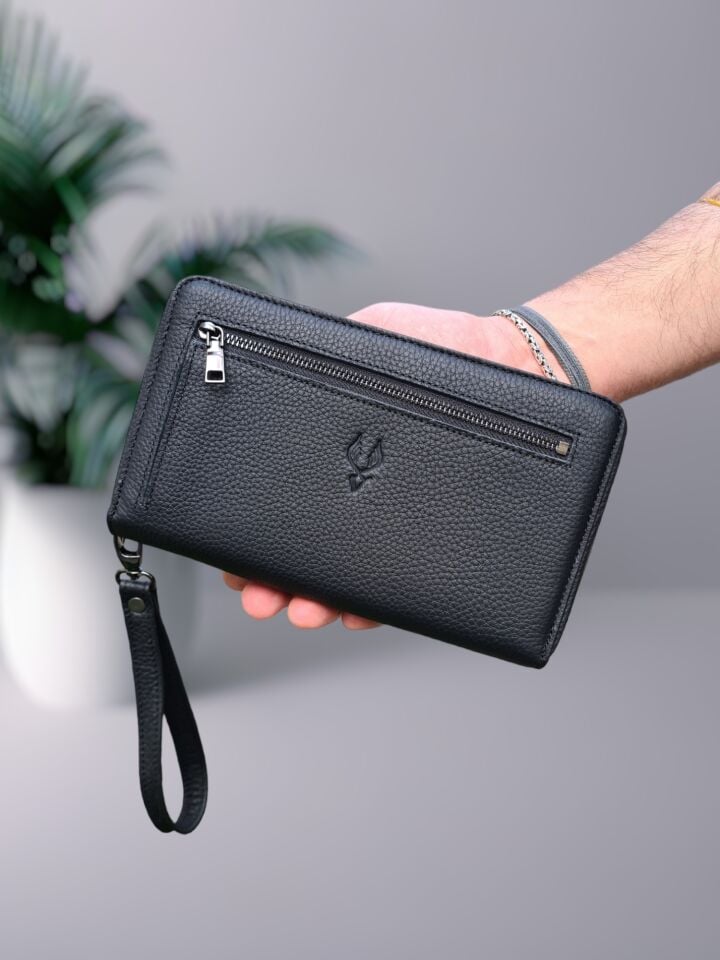 VİSSO 454 Hakiki Deri Fermuarlı El Çantası SİYAH GUTTY