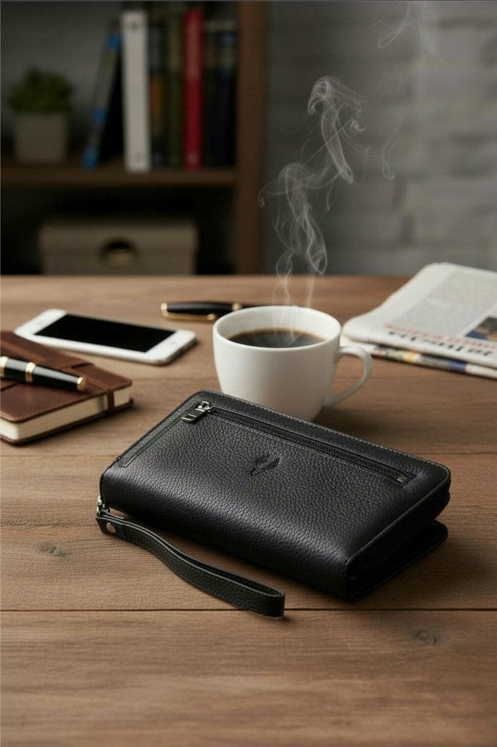 VİSSO 454 Hakiki Deri Fermuarlı El Çantası SİYAH GUTTY