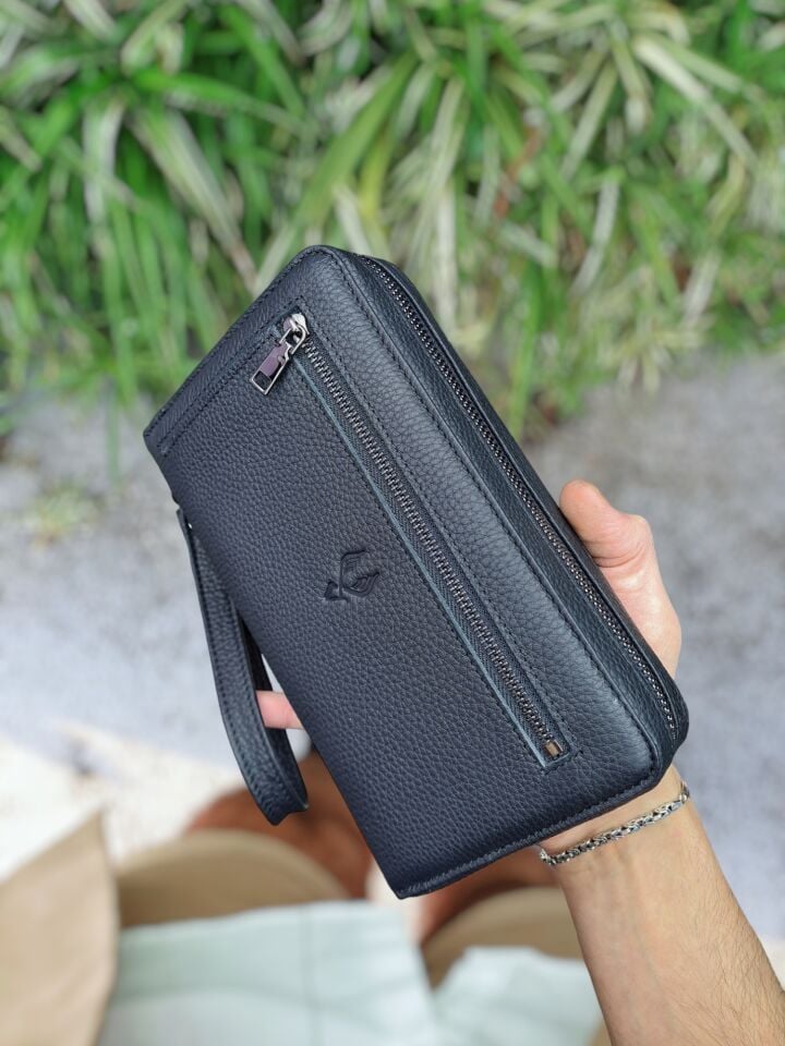 VİSSO 454 Hakiki Deri Fermuarlı El Çantası SİYAH GUTTY