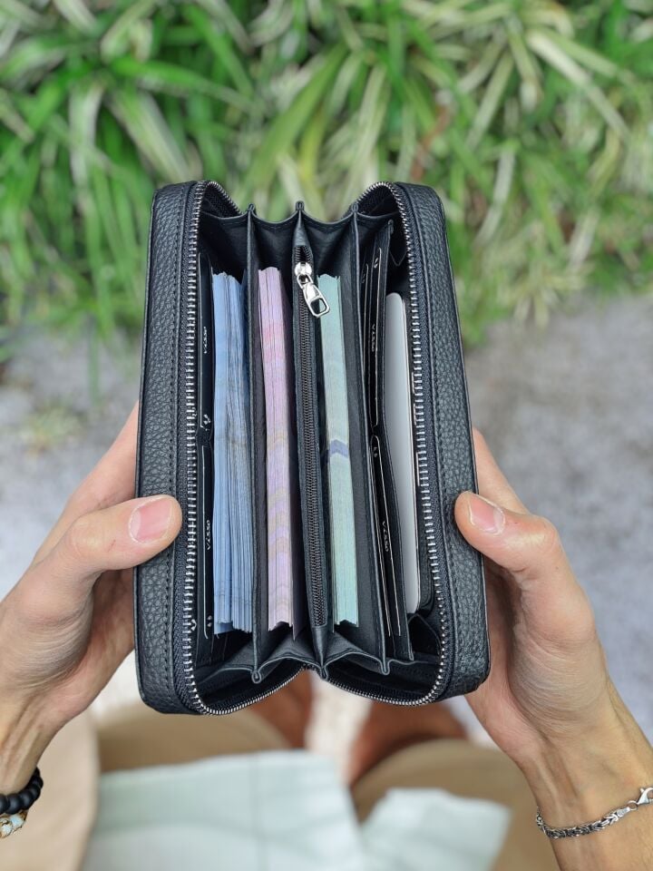 VİSSO 454 Hakiki Deri Fermuarlı El Çantası SİYAH GUTTY