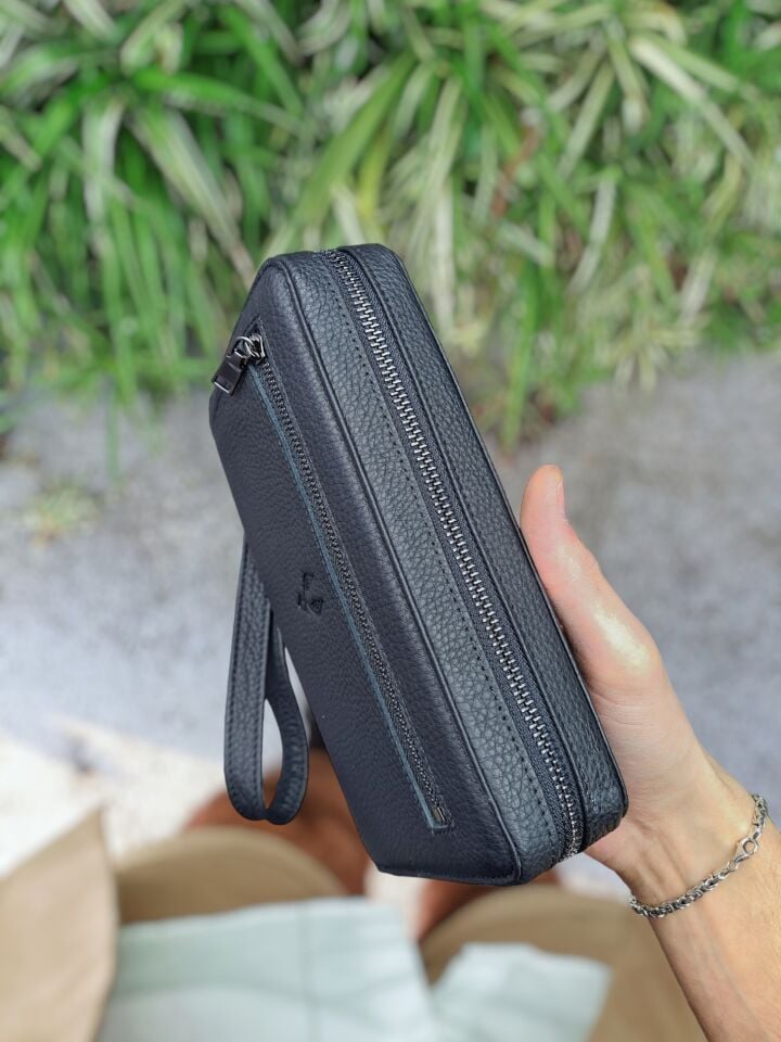 VİSSO 454 Hakiki Deri Fermuarlı El Çantası SİYAH GUTTY