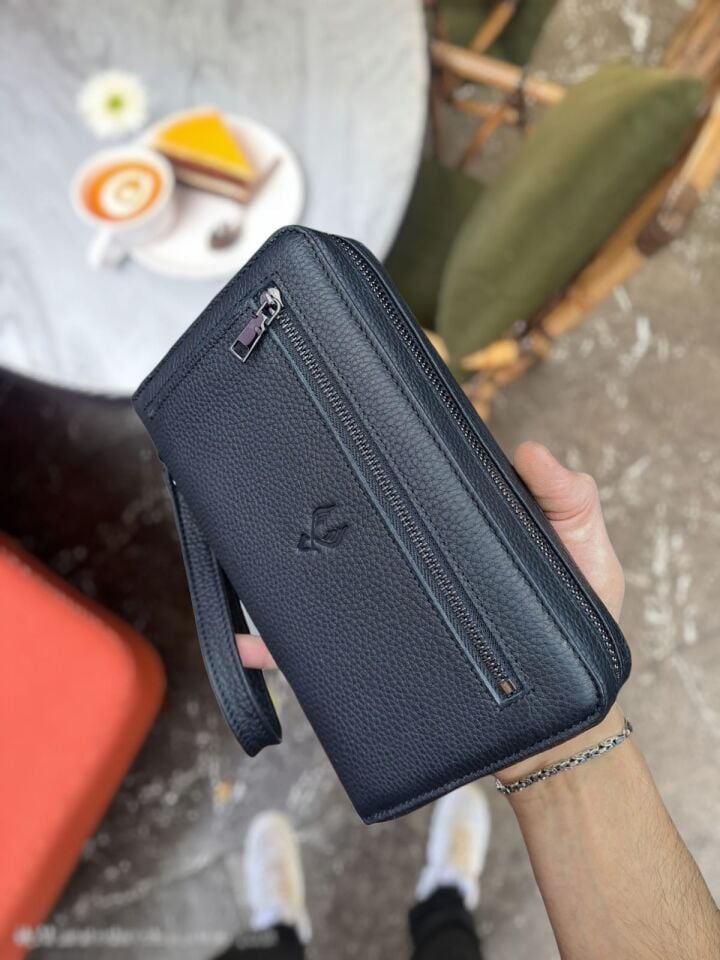 VİSSO 454 Hakiki Deri Fermuarlı El Çantası SİYAH GUTTY