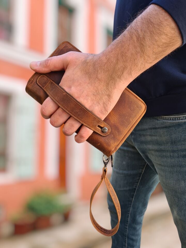 VİSSO 454 Hakiki Deri Fermuarlı El Çantası Fındık Matrix