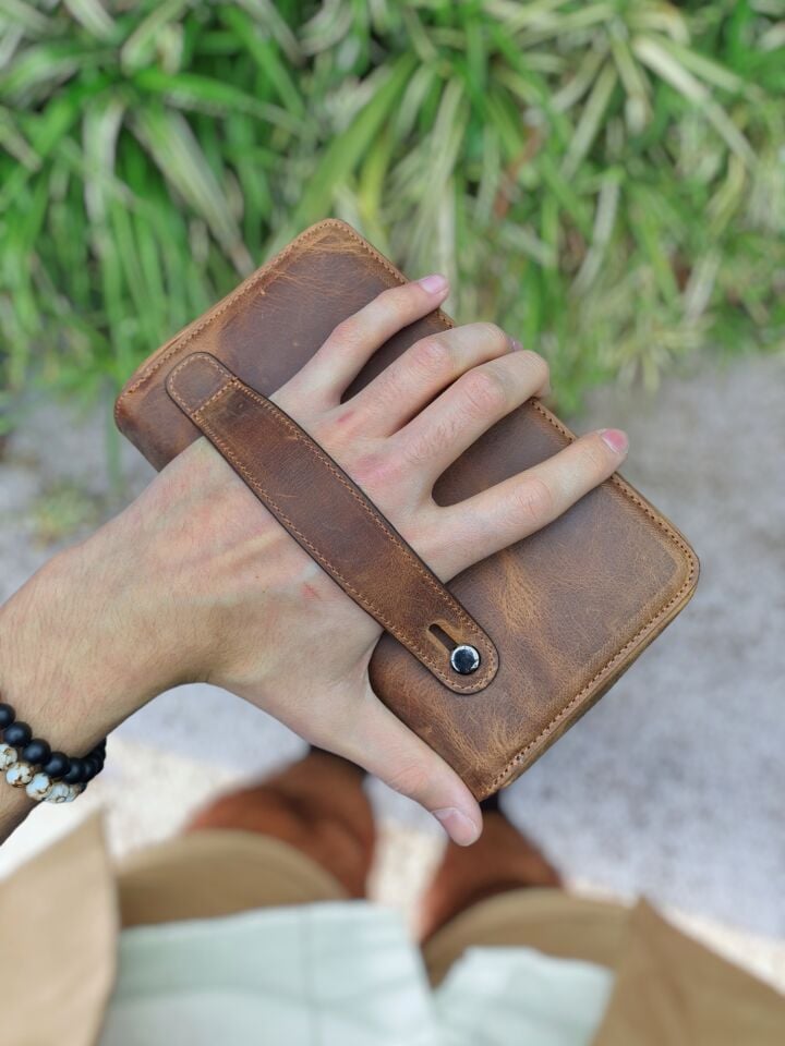 VİSSO 454 Hakiki Deri Fermuarlı El Çantası Fındık Matrix