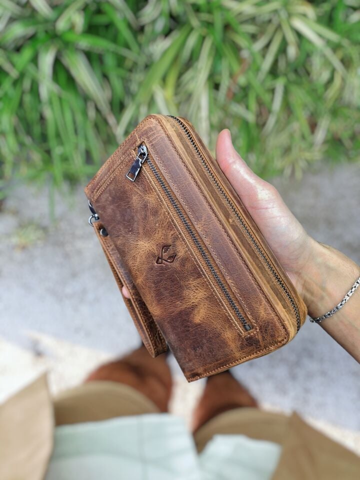 VİSSO 454 Hakiki Deri Fermuarlı El Çantası Fındık Matrix