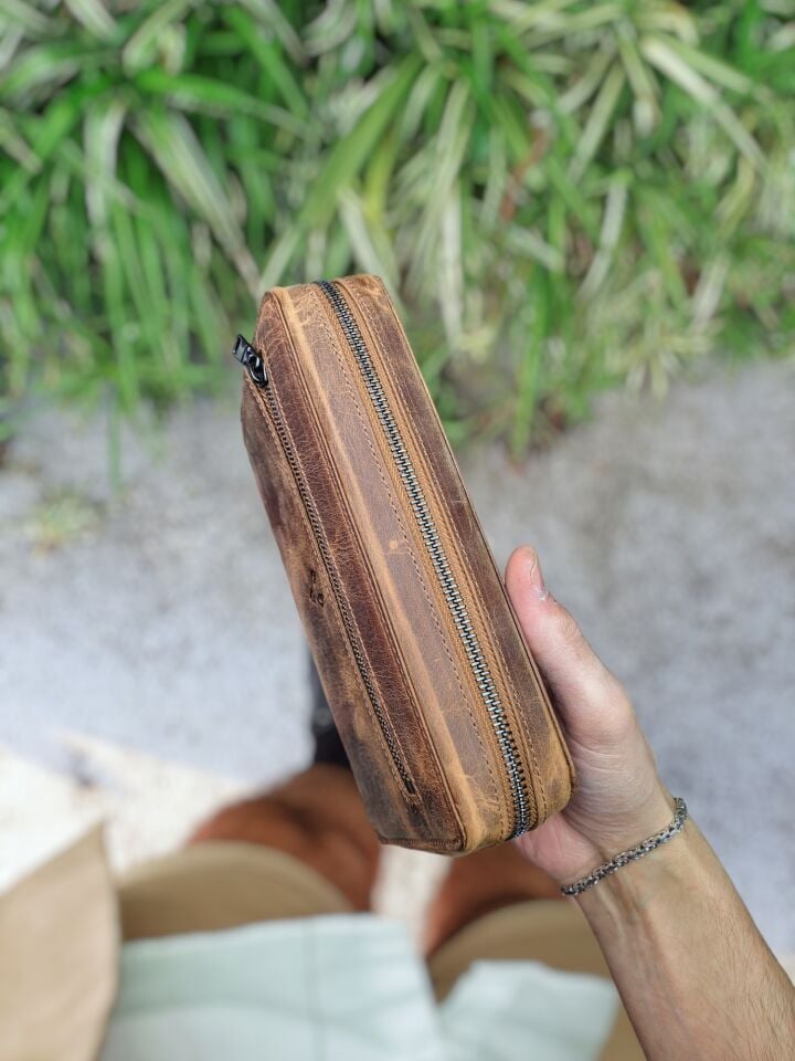 VİSSO 454 Hakiki Deri Fermuarlı El Çantası Fındık Matrix