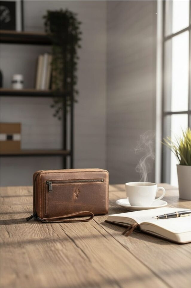 VİSSO 454 Hakiki Deri Fermuarlı El Çantası Fındık Matrix