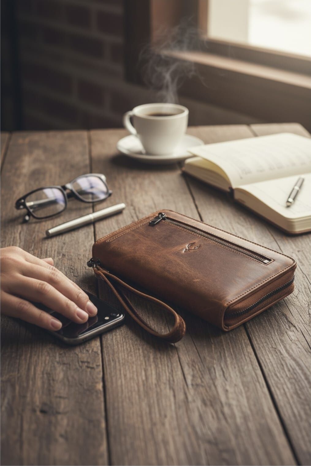 VİSSO 454 Hakiki Deri Fermuarlı El Çantası Fındık Matrix