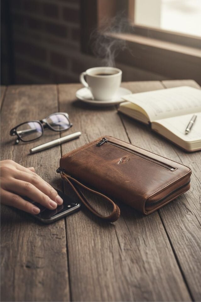 VİSSO 454 Hakiki Deri Fermuarlı El Çantası Fındık Matrix