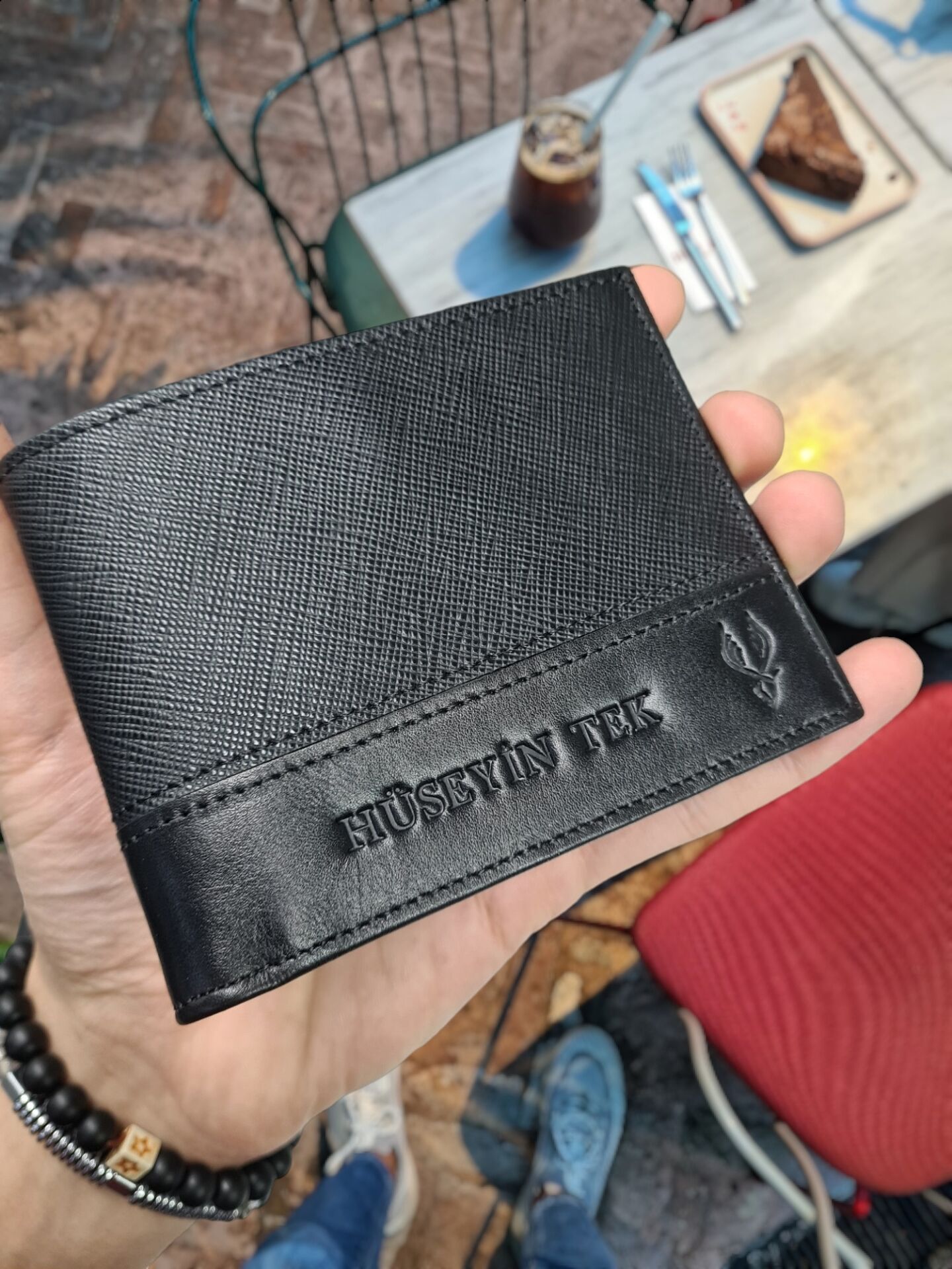 VİSSO 1272 HAKİKİ DERİ ÇANTA İSME ÖZEL SİYAH RENK  HEDİYELİK CÜZDAN