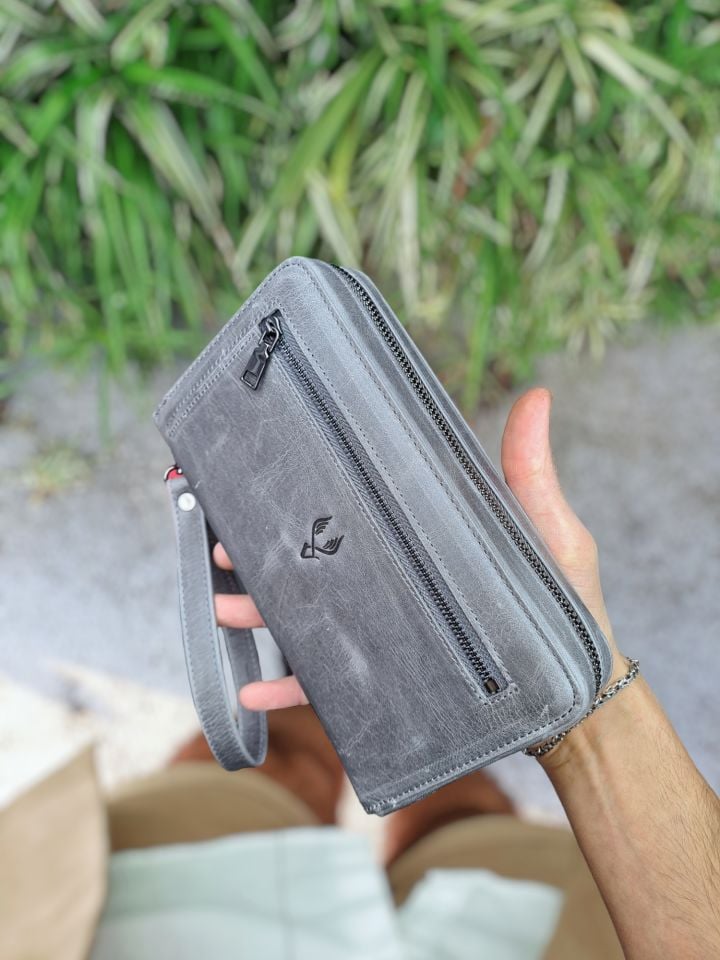 VİSSO 454 Hakiki Deri Fermuarlı El Çantası Visso 454 Visso 454 Gri Natural Crayz