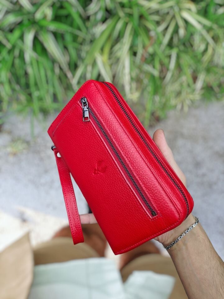 VİSSO 454 Hakiki Deri Fermuarlı El Çantası Visso 454 Visso 454 Visso 454 Kırmızı Gutty