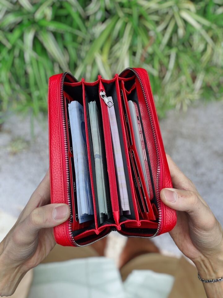 VİSSO 454 Hakiki Deri Fermuarlı El Çantası Visso 454 Visso 454 Visso 454 Kırmızı Gutty