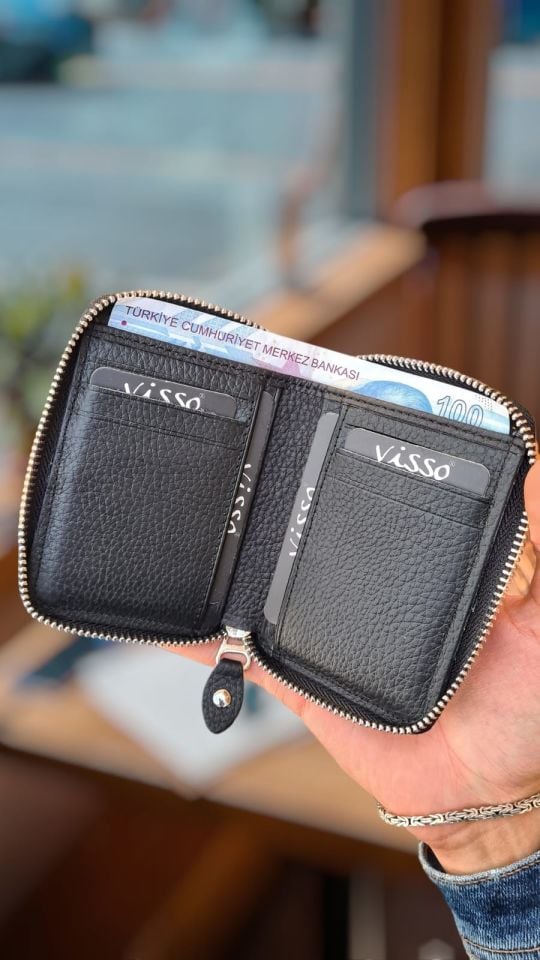 Visso 710 Hakiki Deri Fermuarlı Bozuk Para Cepli Kişiye Özel Erkek Kadın Cüzdan Deri Çanta 710 Siyah Gutty
