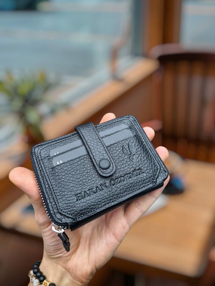 Visso 710 Hakiki Deri Fermuarlı Bozuk Para Cepli Kişiye Özel Erkek Kadın Cüzdan Deri Çanta 710 Siyah Gutty