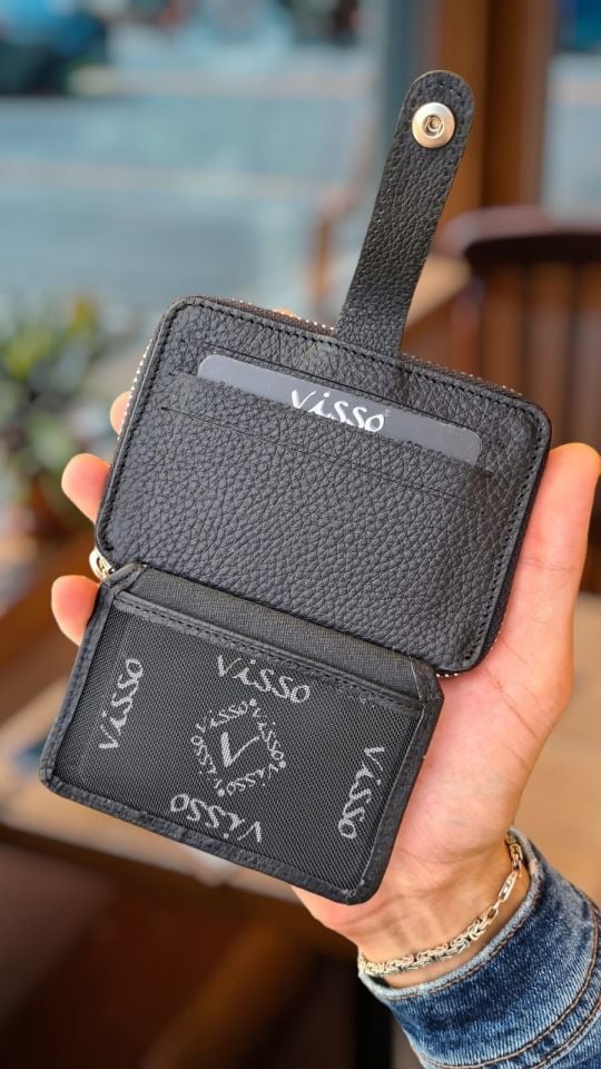 Visso 710 Hakiki Deri Fermuarlı Bozuk Para Cepli Kişiye Özel Erkek Kadın Cüzdan Deri Çanta 710 Siyah Gutty