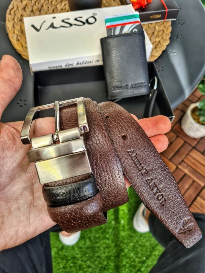 Çift RENKLİ  Hakiki Deri Kemer Kahve - Siyah renk