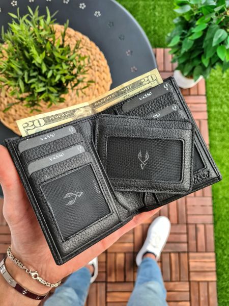 VİSSO 155  Cüzdan + Kemer HAKİKİ DERİ YAVRU KARTLIKLI İKİ KİMLİK BÖLMELİ BAY BAYAN KULLANIMLI CÜZDAN siyah gutty ÇANTA