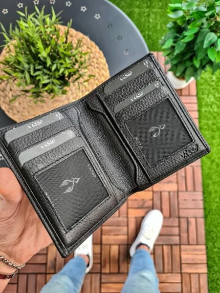 VİSSO 155  Cüzdan + Kemer HAKİKİ DERİ YAVRU KARTLIKLI İKİ KİMLİK BÖLMELİ BAY BAYAN KULLANIMLI CÜZDAN siyah gutty ÇANTA