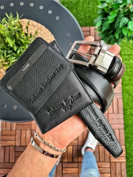 VİSSO 155  Cüzdan + Kemer HAKİKİ DERİ YAVRU KARTLIKLI İKİ KİMLİK BÖLMELİ BAY BAYAN KULLANIMLI CÜZDAN siyah gutty ÇANTA