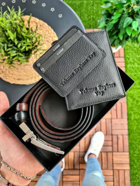 VİSSO 155  Cüzdan + Kemer HAKİKİ DERİ YAVRU KARTLIKLI İKİ KİMLİK BÖLMELİ BAY BAYAN KULLANIMLI CÜZDAN siyah gutty ÇANTA