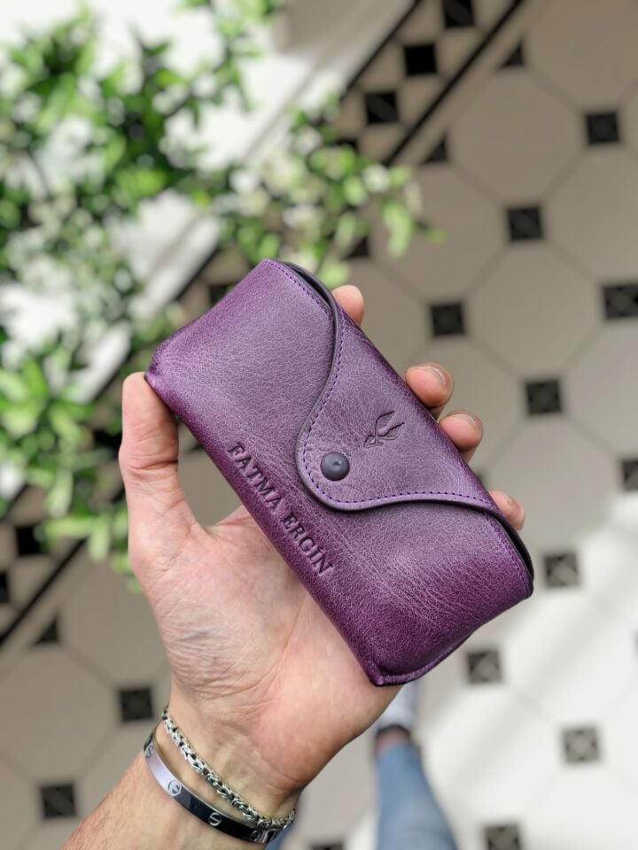 VİSSO 888 Hakiki Deri İsme Özel Deri Gözlük Kılıfı Mor Gül gözlük çanta