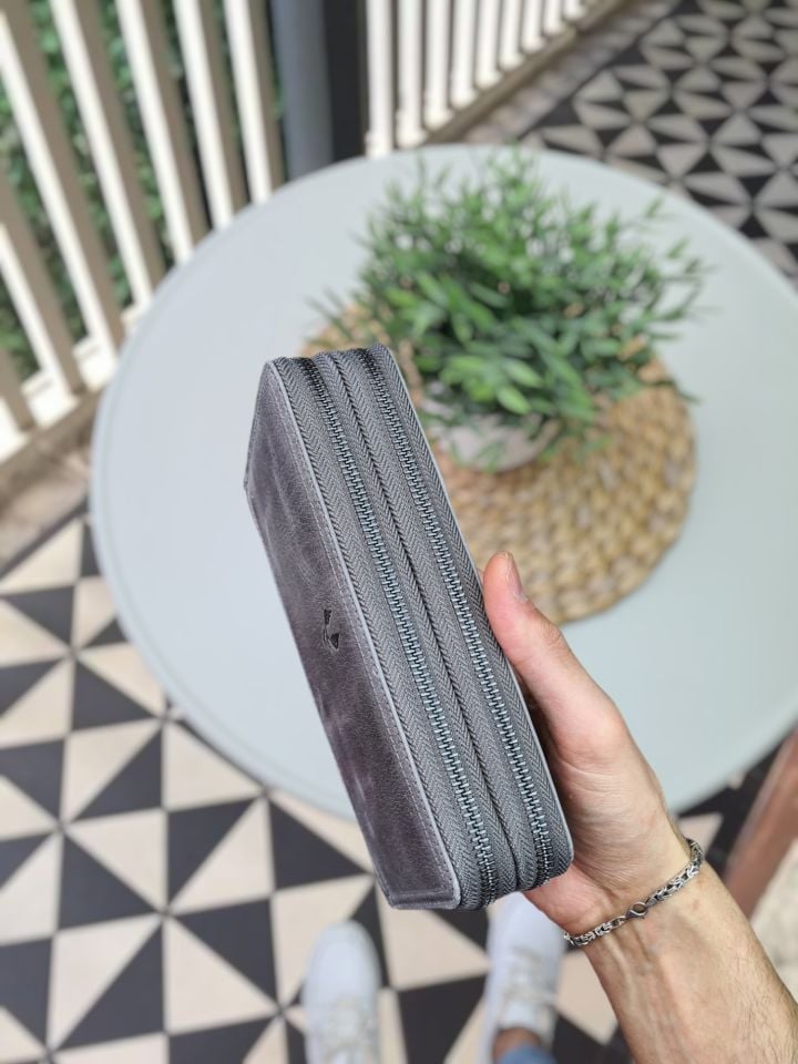 VİSSO 455 Hakiki Deri Fermuarlı El Çantası Pasaport Çantası GRİ CRAYZ