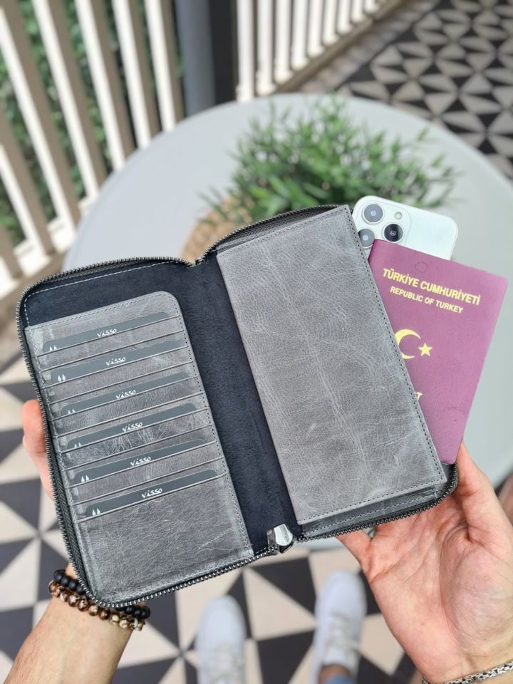 VİSSO 455 Hakiki Deri Fermuarlı El Çantası Pasaport Çantası GRİ CRAYZ