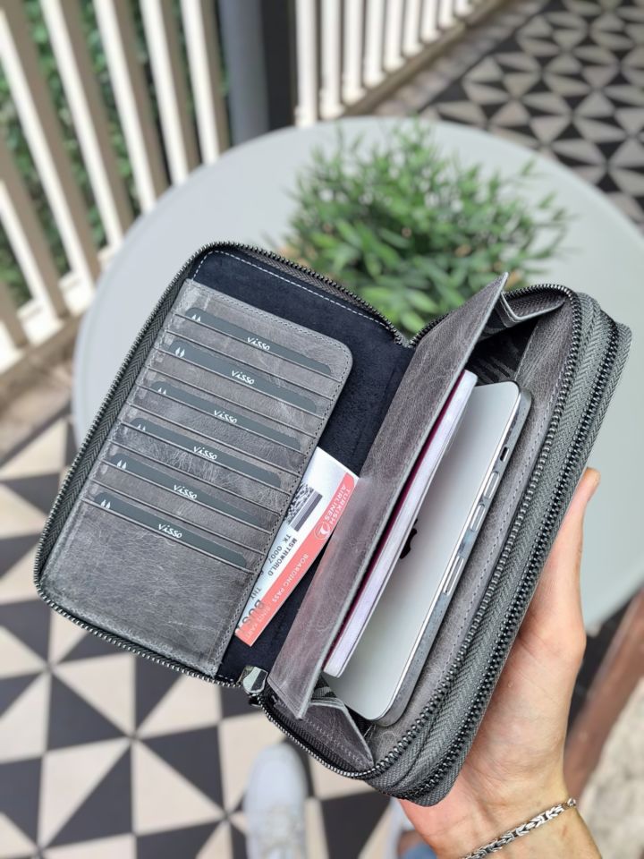 VİSSO 455 Hakiki Deri Fermuarlı El Çantası Pasaport Çantası GRİ CRAYZ