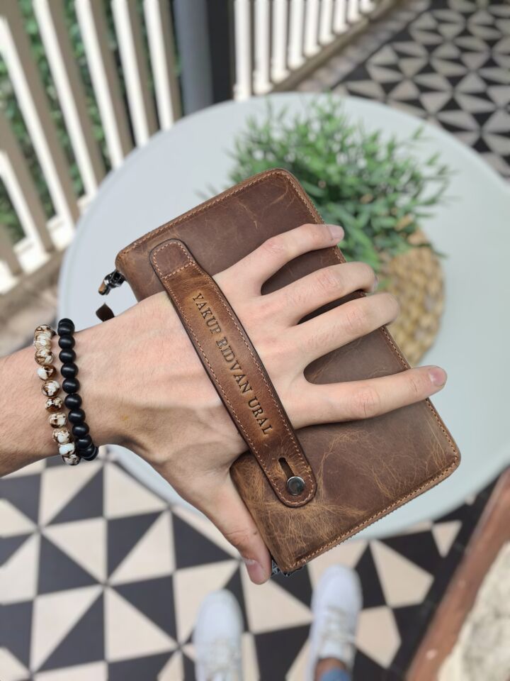 VİSSO 455 Hakiki Deri Fermuarlı El Çantası Pasaport Çantası FINDIK MATRİX