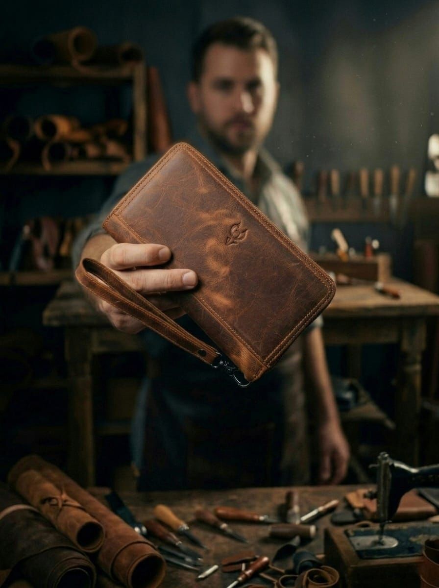 VİSSO 455 Hakiki Deri Fermuarlı El Çantası Pasaport Çantası FINDIK MATRİX