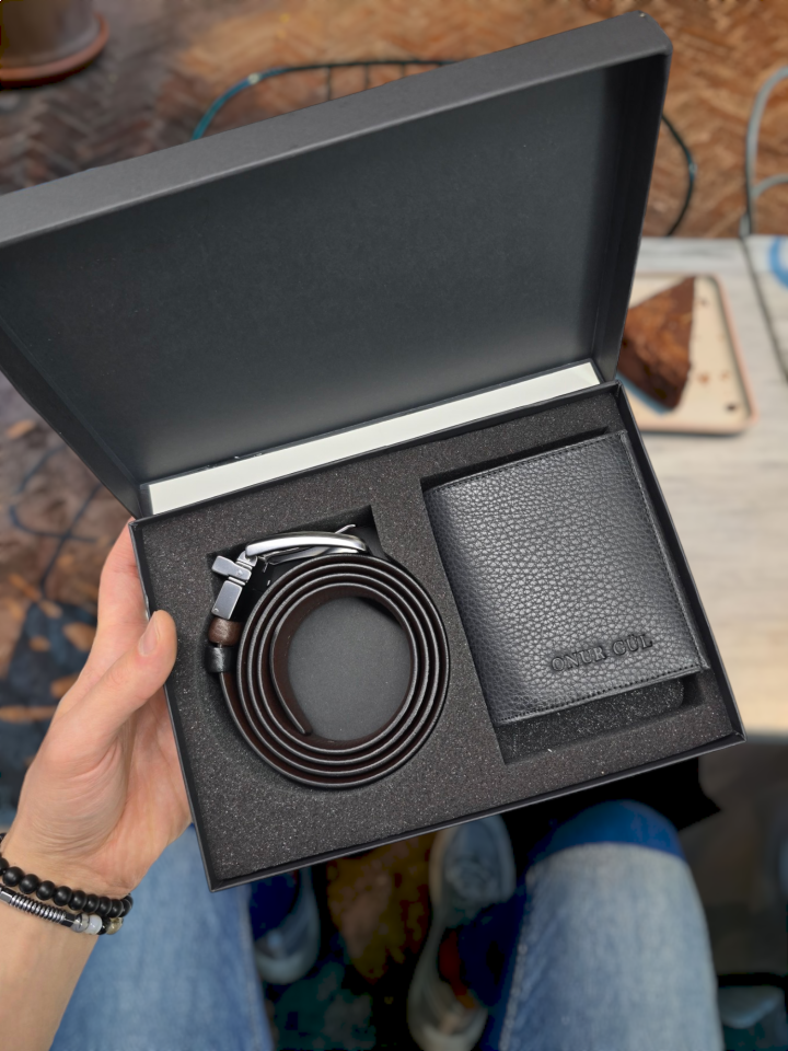 VİSSO 114  Cüzdan + Çİft Renkli Kemer HAKİKİ DERİ KİMLİK BÖLMELİ BAY BAYAN KULLANIMLI CÜZDAN siyah gutty ÇANTA