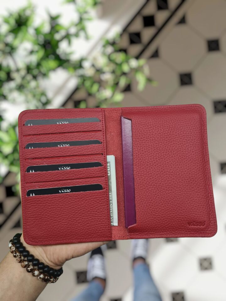 VİSSO 911 HAKİKİ ORJİNAL DERİ ÇANTA  KREDİ KART VE KİMLİK HAZNELİ PASAPORTLUK - DERİ PASAPORT KILIFI VİSSO 911 KIRMIZI GUTTY