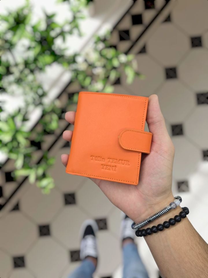 VİSSO 112 HAKİKİ DERİ ÇANTA İSME ÖZEL KADIN ERKEK ÇITIÇITLI FERMUARLI  Turuncu NAPA