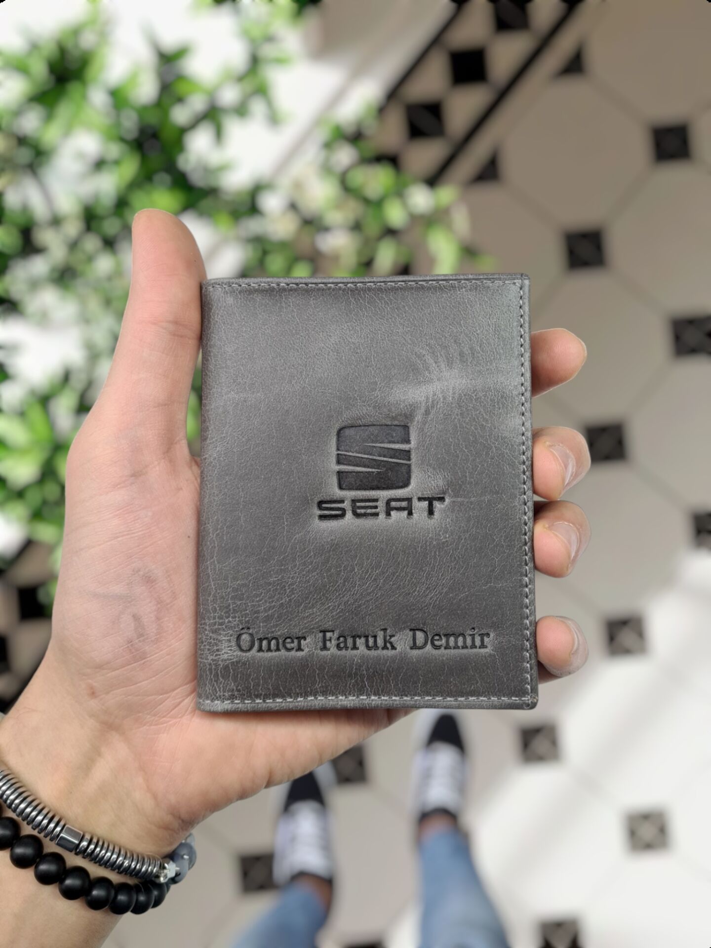 Seat VİSSO 1904 Hakiki Deri Araç Ruhsat Kılıfı İsme Özel Çanta Erkek Kadın Modeli SEAT Gri