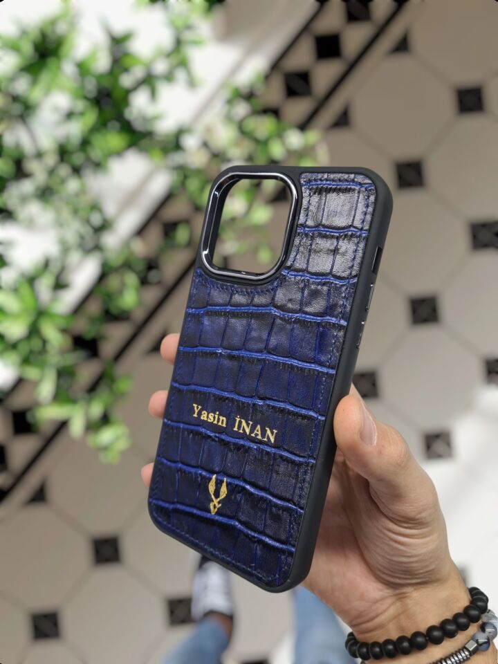 İphone 13 PRO MAX Uyumlu LACİVERT CROCO Renk Deri Kılıf VİSSO Hakiki Deri İsme Özel Kişiselleştirme Kadın Erkek Kullanım Unisex Telefon Kılıfı