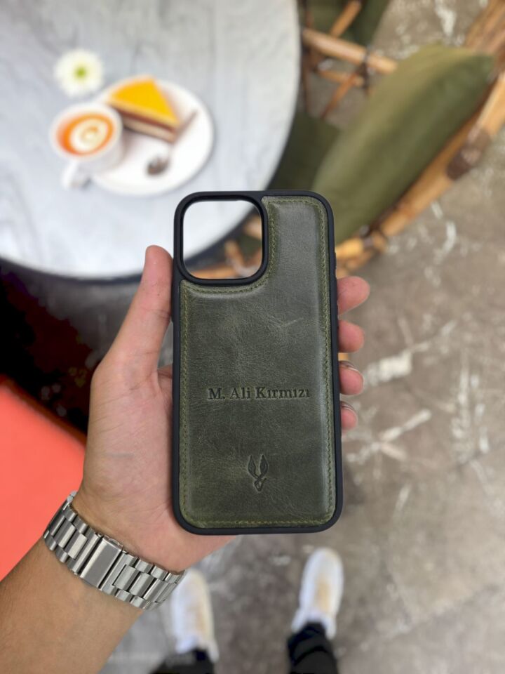 İphone 13 PRO MAX Uyumlu YEŞİL GRANDA Renk Deri Kılıf VİSSO Hakiki Deri İsme Özel Kişiselleştirme Kadın Erkek Kullanım Unisex Telefon Kılıfı