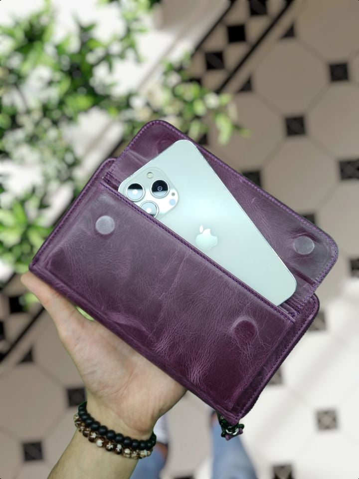 VİSSO 453 Mor Renk Hakiki Deri İsme Ve Kişiye Özel Kadın Erkek Kullanımlı Telefon Bölmeli Fermuarlı Kimlik Ve Kağıt Para Cepli Cüzdan El Kulbu Deri Bileklik El Çantası