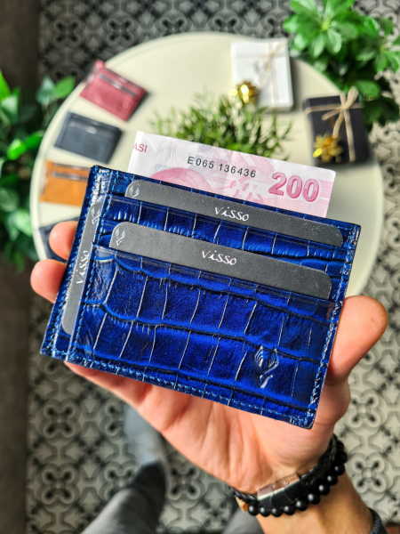 VİSSO 606 HAKİKİ DERİ ÇANTA saks mavi CROCO MİNİ KARTLIK- KADIN ERKEK DERİ KARTLIK CÜZDAN İSİM BASKILI - İSME ÖZEL