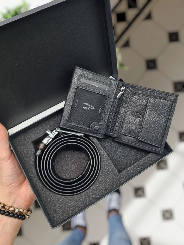 VİSSO 111 Siyah Gutty Cüzdan + Kemer HAKİKİ DERİ KİMLİK BÖLMELİ BAY BAYAN KULLANIMLI CÜZDAN ÇANTA