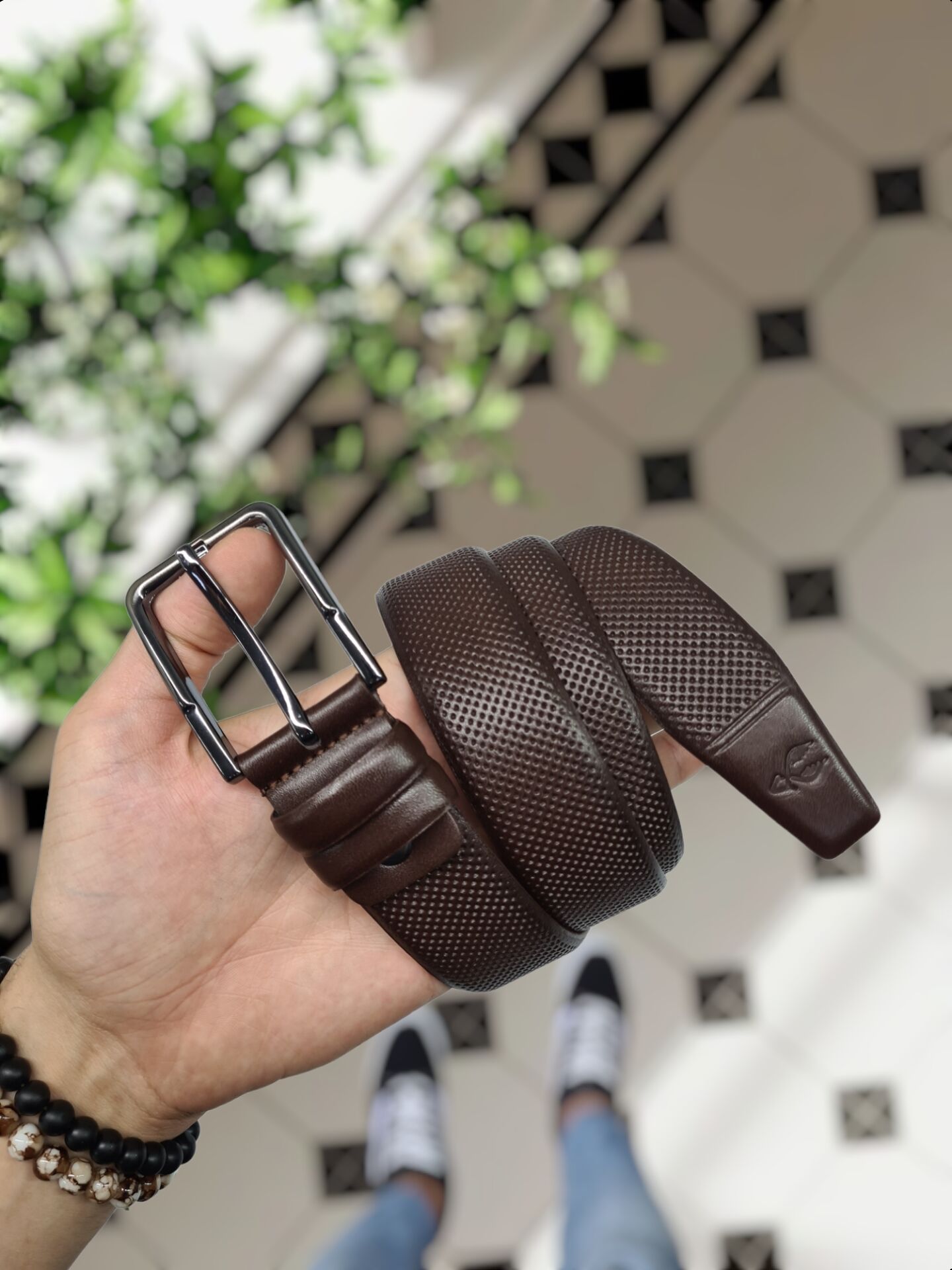 VİSSO Hakiki Deri İĞNE BASKILI KAHVERENGİ Klasik Napa 3,5 cm Kemer