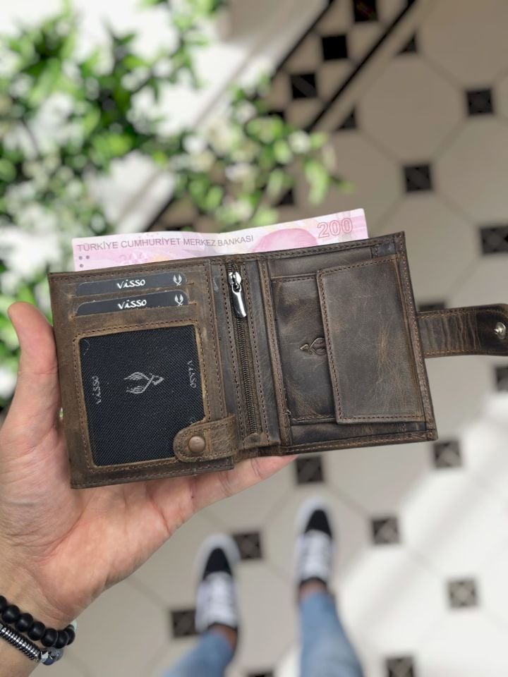 VİSSO 112 HAKİKİ DERİ ÇANTA İSME ÖZEL KADIN ERKEK ÇITIÇITLI FERMUARLI Kahve Matrix CÜZDAN