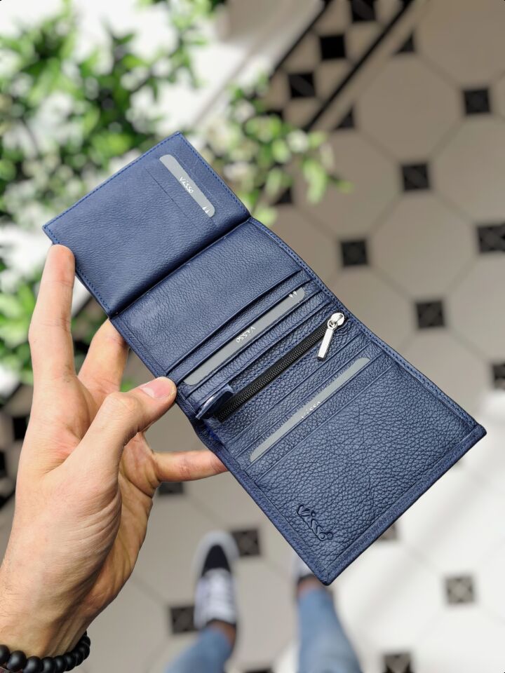 VİSSO 114 HAKİKİ DERİ Kişiye Özel Cüzdan ÇANTA 114 Lacivert GUTTY + ANAHTARLIK