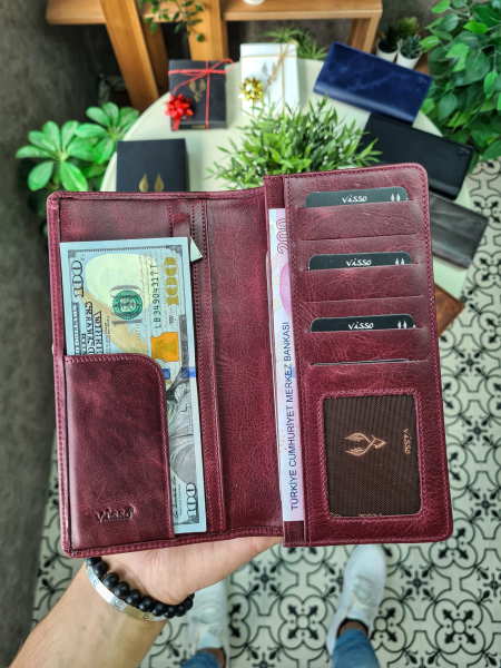 VİSSO 901 Hakiki Deri El Çantası Telefon Bölmeli Fermuarlı Tak Çıkar Kartlık Özellikli Cüzdan Bordo Crayz