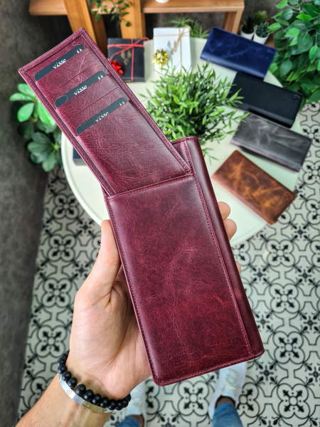 VİSSO 901 Hakiki Deri El Çantası Telefon Bölmeli Fermuarlı Tak Çıkar Kartlık Özellikli Cüzdan Bordo Crayz