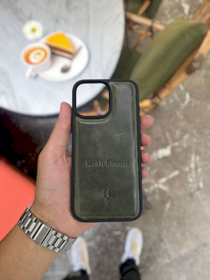 İphone 14 PRO Uyumlu YEŞİL GRANDA Deri Kılıf VİSSO Hakiki Deri İsme Özel Kişiselleştirme Kadın Erkek Kullanım Unisex Telefon Kılıf