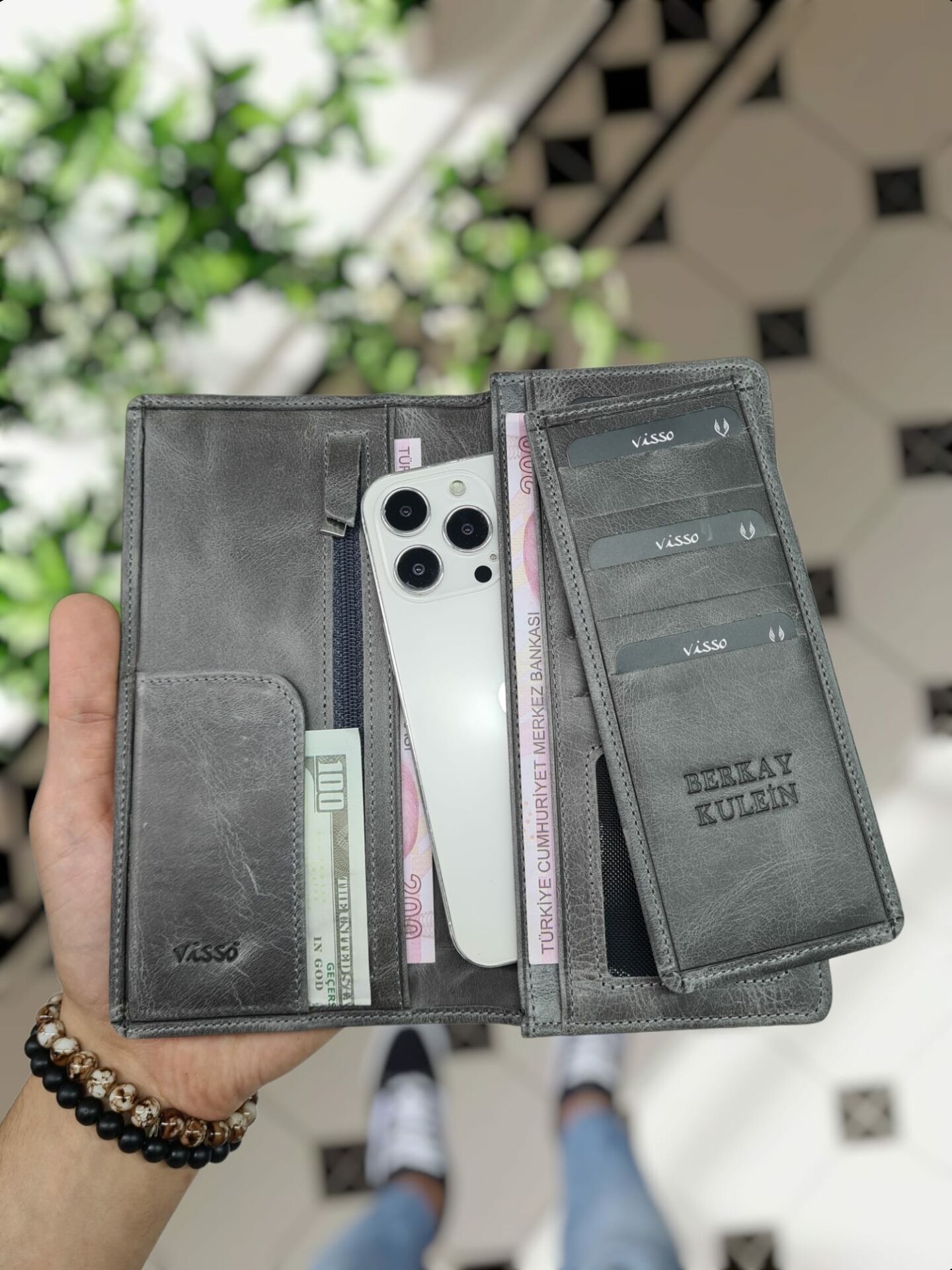 VİSSO 901 Hakiki Deri El Çantası Telefon Bölmeli Fermuarlı Tak Çıkar Kartlık Özellikli Cüzdan 901 Gri Natural Crayz