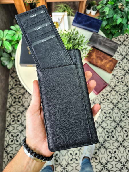VİSSO 901 Hakiki Deri El Çantası Telefon Bölmeli Fermuarlı Tak Çıkar Kartlık Özellikli Cüzdan 901 901 Siyah Gutty