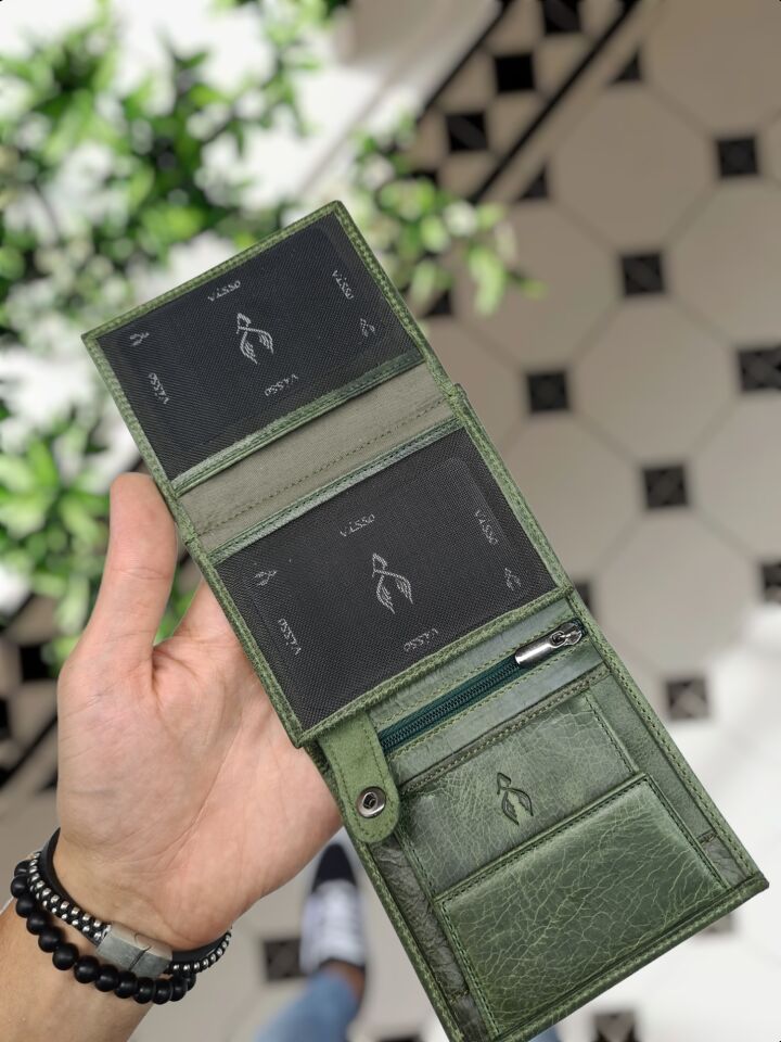 VİSSO 111 CEPLİ HAKİKİ DERİ ÇANTA  İSME ÖZEL BOZUK PARA CEPLİ FERMUARLI ÇITÇITLI KADIN ERKEK CÜZDAN BAY Yeşil Granada